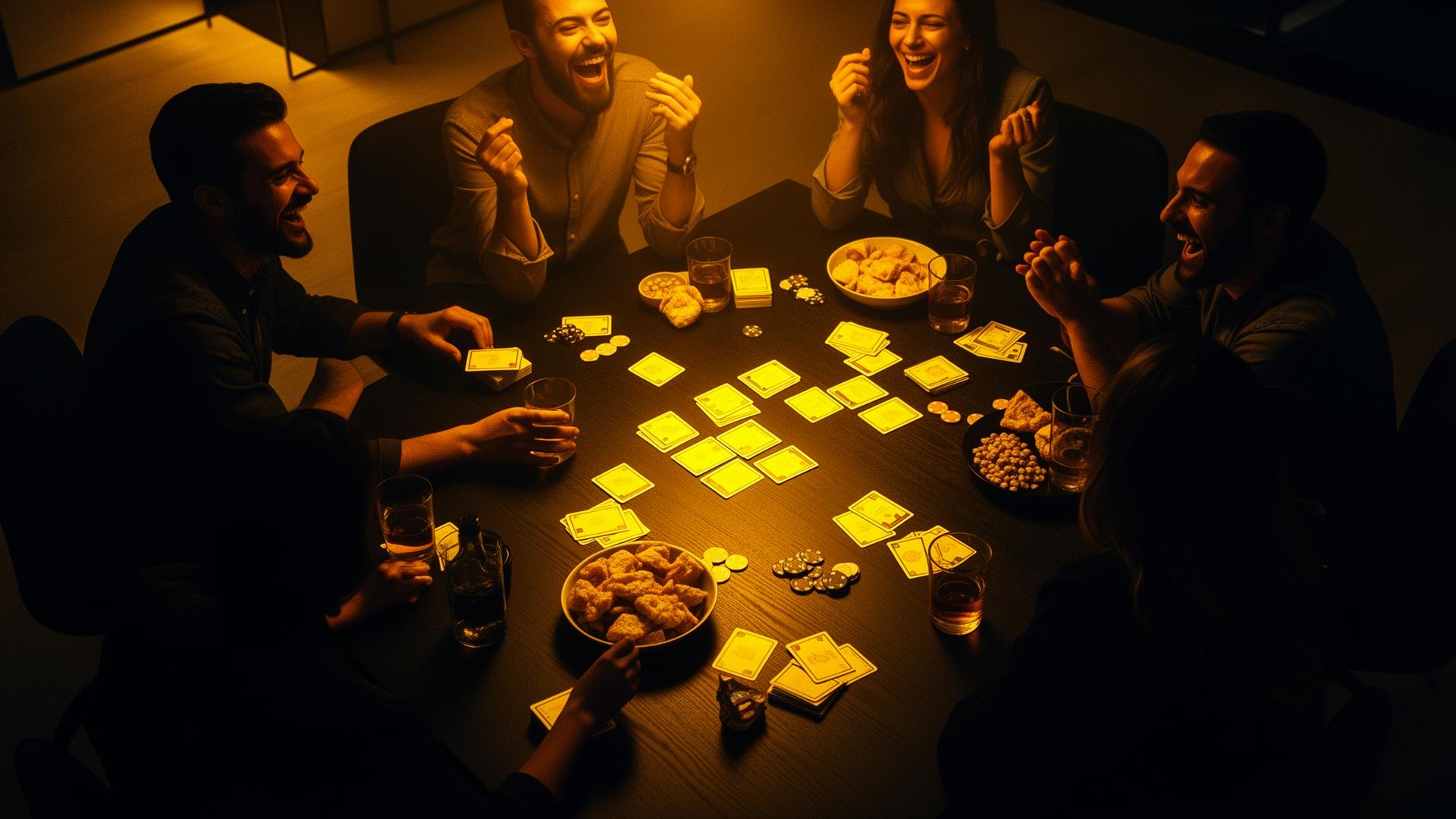 Overhead view of a warm, glowing game night with Word Rush cards spread across the table